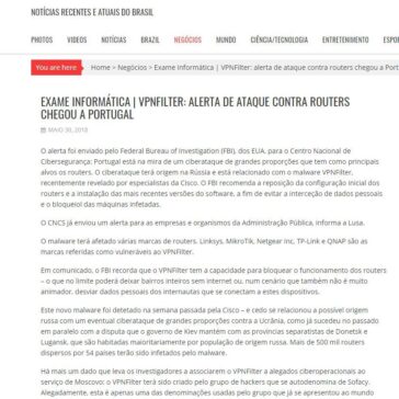 Exame Informática | VPNFilter: alerta de ataque contra routers chegou a Portugal – Notícias do Brasil