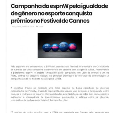 Campanha da espnW pela igualdade de gênero no esporte conquista prêmios no Festival de Cannes – Antenados Na SKY & CIA