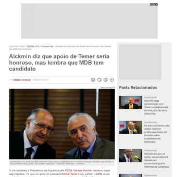 Alckmin diz que apoio de Temer seria honroso, mas lembra que MDB tem candidato – Jovem Pan Online