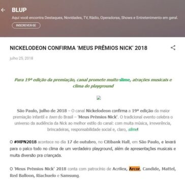 NICKELODEON CONFIRMA “MEUS PRÊMIOS NICK? 2018 – Blup