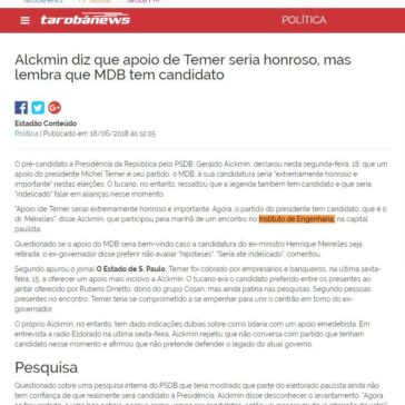 Alckmin diz que apoio de Temer seria honroso, mas lembra que MDB tem candidato – Tarobánews