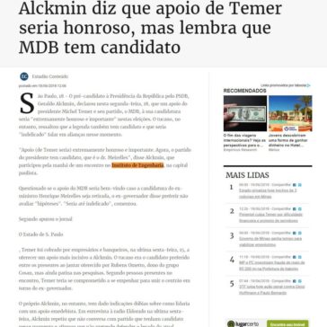 Alckmin diz que apoio de Temer seria honroso, mas lembra que MDB tem candidato – Estado de Minas (Online)