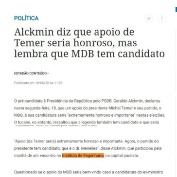 Alckmin diz que apoio de Temer seria honroso, mas lembra que MDB tem candidato – DCI (On-line)
