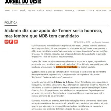 Alckmin diz que apoio de Temer seria honroso, mas lembra que MDB tem candidato – Jornal do Oeste