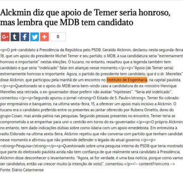 Alckmin diz que apoio de Temer seria honroso, mas lembra que MDB tem candidato – Agência de Notícias