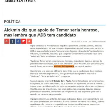 Alckmin diz que apoio de Temer seria honroso, mas lembra que MDB tem candidato – Diario do Sudoeste