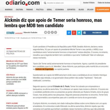 Alckmin diz que apoio de Temer seria honroso, mas lembra que MDB tem candidato – O Diário.com