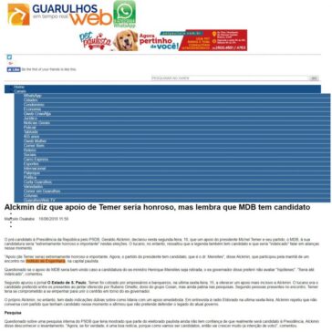 Alckmin diz que apoio de Temer seria honroso, mas lembra que MDB tem candidato – Guarulhos Web