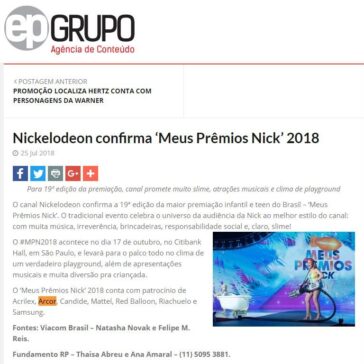 Nickelodeon confirma “Meus Prêmios Nick? 2018 – EP Grupo