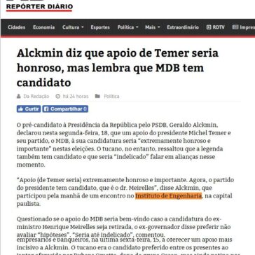 Alckmin diz que apoio de Temer seria honroso, mas lembra que MDB tem candidato Repórter -Diário (On-line)