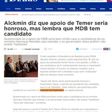 Alckmin diz que apoio de Temer seria honroso, mas lembra que MDB tem candidato – Diário do Litoral (On-line)