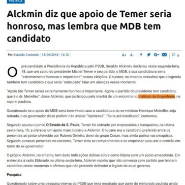 Alckmin diz que apoio de Temer seria honroso, mas lembra que MDB tem candidato – Tribuna do Paraná