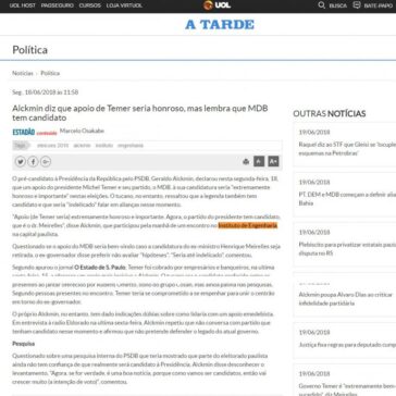 Alckmin diz que apoio de Temer seria honroso, mas lembra que MDB tem candidato – A Tarde (On-line)
