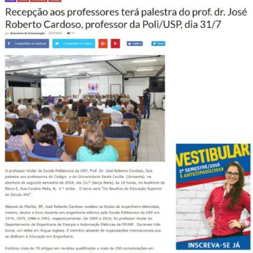 Recepção aos professores terá palestra do prof. dr. José Roberto Cardoso, professor da Poli/USP, dia 31/7 – Unisanta