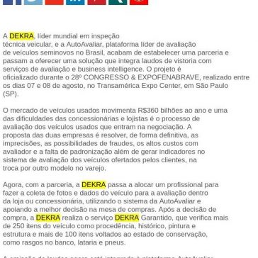 DEKRA e Auto Avaliar integram laudos de vistoria com ferramenta de avaliação de veículos – Rede Press