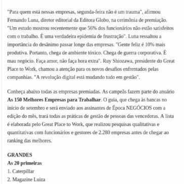 Os vencedores do prêmio As Melhores Empresas para Trabalhar 2018 – Época Negócios (Online)
