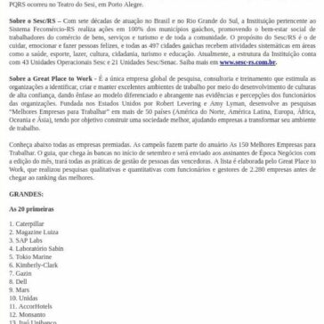 Sesc/RS é a 31ª Melhor Empresa para Trabalhar no Brasil – SIS Saúde