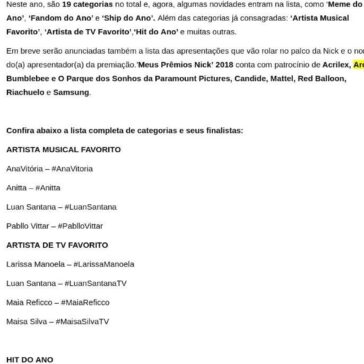 Nickelodeon divulga os finalistas da 19ª edição de “Meus Prêmios Nick? – Blah Cultural