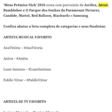 Nickelodeon divulga os finalistas da 19ª Edição de “Meus Prêmios Nick? – Abral