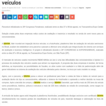 DEKRA e AutoAvaliar integram laudos de vistoria com ferramenta de avaliação de veículos – SEGS