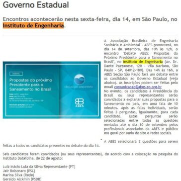 ABES promoverá debate sobre saneamento entre candidatos à Presidência. No mesmo dia, ABES-SP fará encontro com candidatos ao Governo Estadual – Gazeta de Votorantim