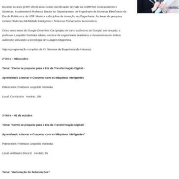 12ª Semana de Engenharia da Unisanta começa em 1°/10, com palestra sobre preparação para a era da Transformação Digital – Unisanta