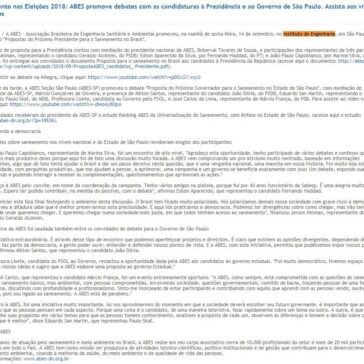Saneamento nas Eleições 2018: ABES promove debates com as candidaturas à Presidência e ao Governo de São Paulo. Assista aos vídeos dos encontros – Agência o Globo