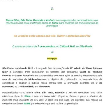 NICKELODEON PROMOVE AÇÃO DE SEEDING PARA OS FINALISTAS DE “MEUS PRÊMIOS NICK” 2018 – Blup