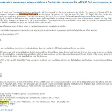 ABES promoverá debate sobre saneamento entre candidatos à Presidência. No mesmo dia, ABES-SP fará encontro com candidatos ao Governo Estadual – Agência o Globo