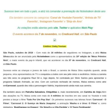 MAISA SILVA É ANUNCIADA COMO APRESENTADORA DE “MEUS PRÊMIOS NICK’2018 – Blup