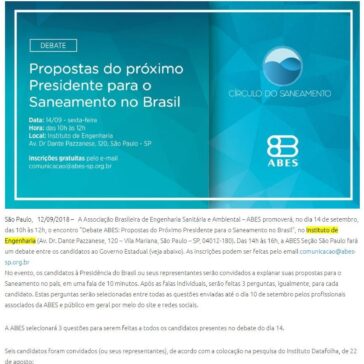 ABES promoverá debate sobre saneamento entre candidatos à Presidência. No mesmo dia, ABES-SP fará encontro com candidatos ao Governo Estadual – Comunique-se