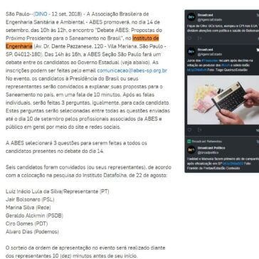 ABES promoverá debate sobre saneamento entre candidatos à Presidência. No mesmo dia, ABES-SP fará encontro com candidatos ao Governo Estadual – Broadcast