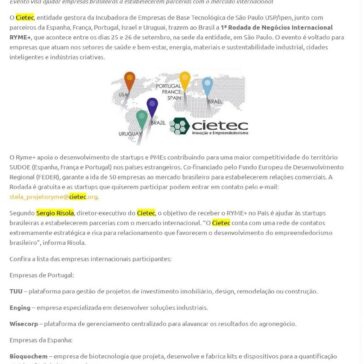 Cietec promove Rodada de Negócios Internacional Ryme+ – Agência USP de Inovação
