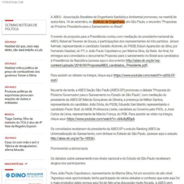 Saneamento nas Eleições 2018: ABES promove debates com as candidaturas à Presidência e ao Governo de São Paulo. Assista aos vídeos dos encontros – O Diário.com
