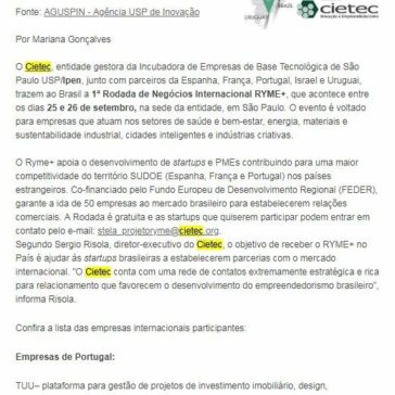 Cietec promove Rodada de Negócios Internacional Ryme+ – IPEN