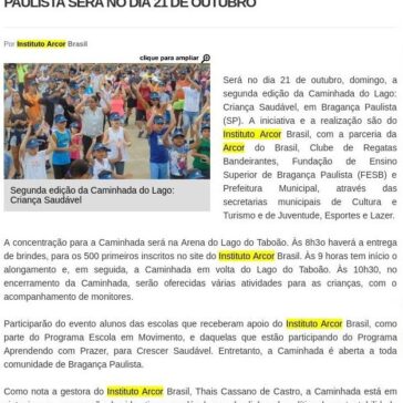 CAMINHADA NO LAGO: CRIANÇA SAUDÁVEL EM BRAGANÇA PAULISTA SERÁ NO DIA 21 DE OUTUBRO – Correio do Vale do Rio Grande
