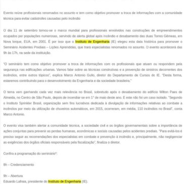 Instituto de Engenharia oferece o Seminário Acidentes Prediais – Lições Aprendidas – SEGS
