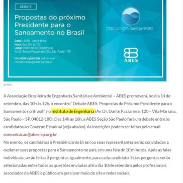 ABES promoverá debate sobre saneamento entre candidatos à Presidência. No mesmo dia, ABES-SP fará encontro com candidatos ao Governo Estadual – Negócios em Foco