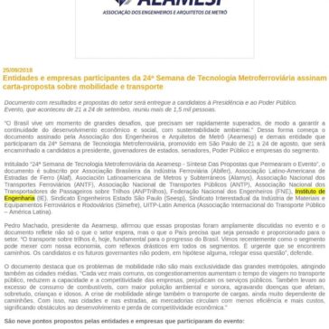 Entidades e empresas participantes da 24ª Semana de Tecnologia Metroferroviária assinam carta-proposta sobre mobilidade e transporte – Feiras do Brasil