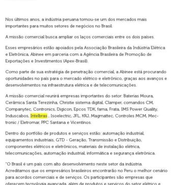 MISSÃO COMERCIAL DO SETOR ELÉTRICO E ELETRÔNICO TERÁ 22 EMPRESAS BRASILEIRAS EM LIMA – Apex brasil