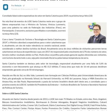 LIDE SC recebe Ministro do Turismo, Vinicius Lummertz, em evento na Fiesc – Timbó Net