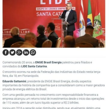 ENGIE Brasil Energia celebra 20 anos em evento do LIDE SC – Noticenter