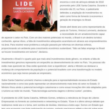 Em palestra no LIDE SC Ministro do Turismo defende mudança no modelo econômico para atrair investimentos – Sala de Notícias