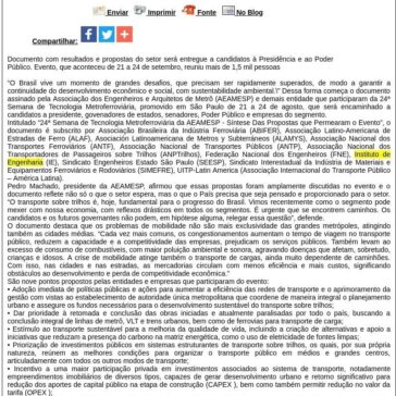 Entidades e empresas participantes da 24ª Semana de Tecnologia Metroferroviária assinam carta-proposta sobre mobilidade e transporte – Difundir