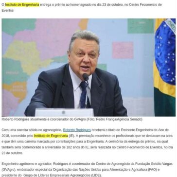 AGRICULTURA – Roberto Rodrigues recebe de instituto o título de engenheiro do ano – Ricardo Alfonsin Advogados
