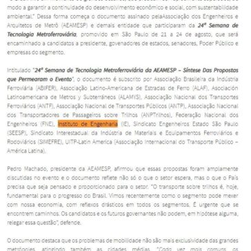 Entidades e empresas participantes da 24ª Semana de Tecnologia Metroferroviária assinam carta-proposta sobre mobilidade e transporte – Programa Cenários Logísticos