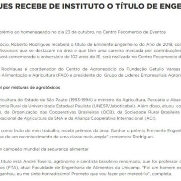 Roberto Rodrigues recebe de instituto o título de engenheiro do ano – FGV