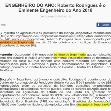 ENGENHEIRO DO ANO: Roberto Rodrigues é o Eminente Engenheiro do Ano 2018 – MBCOOP