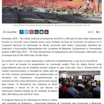 Se PIB crescer 2% em 2019 pode faltar máquinas para construção, alertou palestrante na M&T Expo – Jornal da Construção Civil