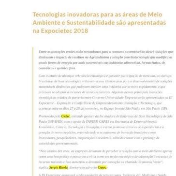 Tecnologias inovadoras para as áreas de Meio Ambiente e Sustentabilidade são apresentadas na Expocietec 2018 – MTI Tecnologia
